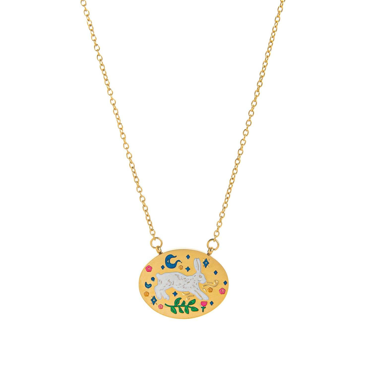 18K gold color-preserving hand-painted oil-dripping rabbit element oval tarot necklace