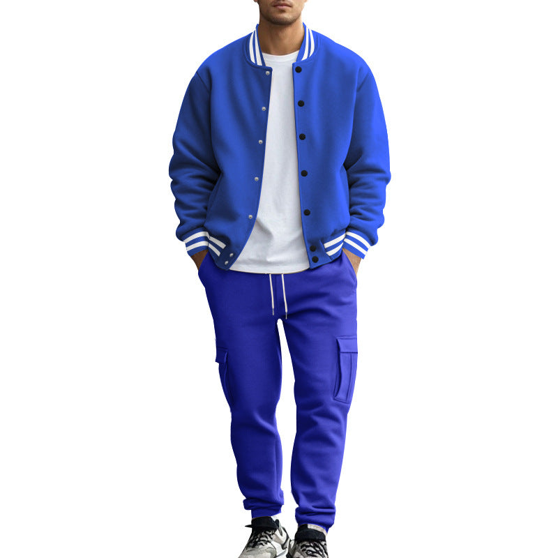 Cross-border foreign trade, autumn and winter, American stand-up collar, baseball uniform, trousers, plush casual jacket, men's loose sportssuits, men