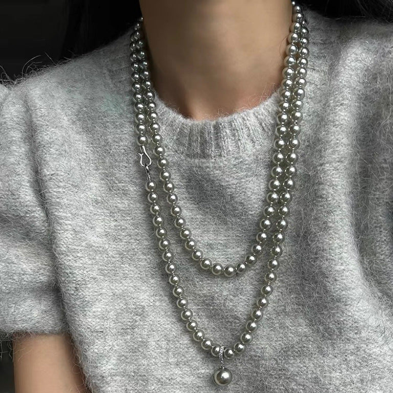 Pearl double stacked long neck chain niche design ins silver necklace beads premium exquisite chain sweater chain