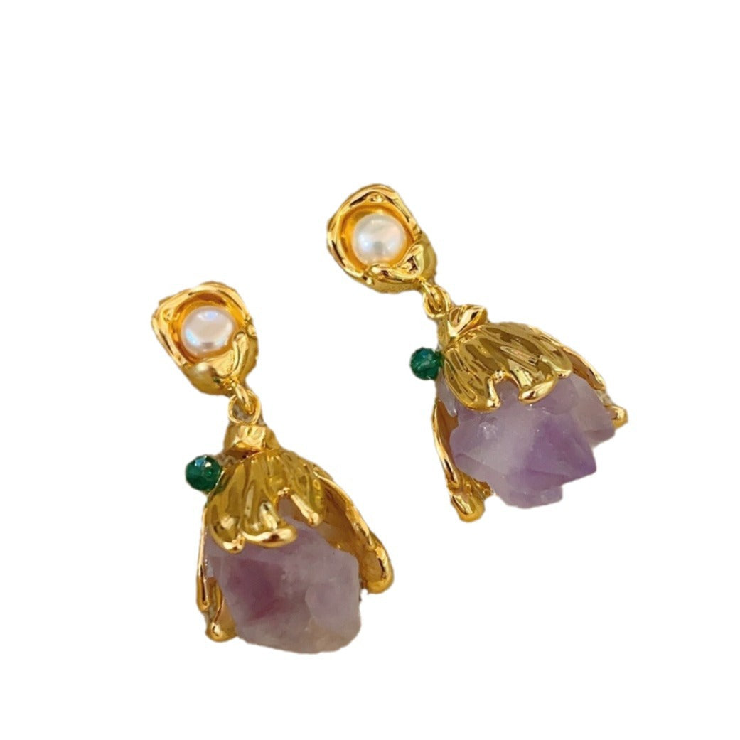 Medieval retro amethyst stone earrings women's light luxury temperament high-end earrings niche design ear holes