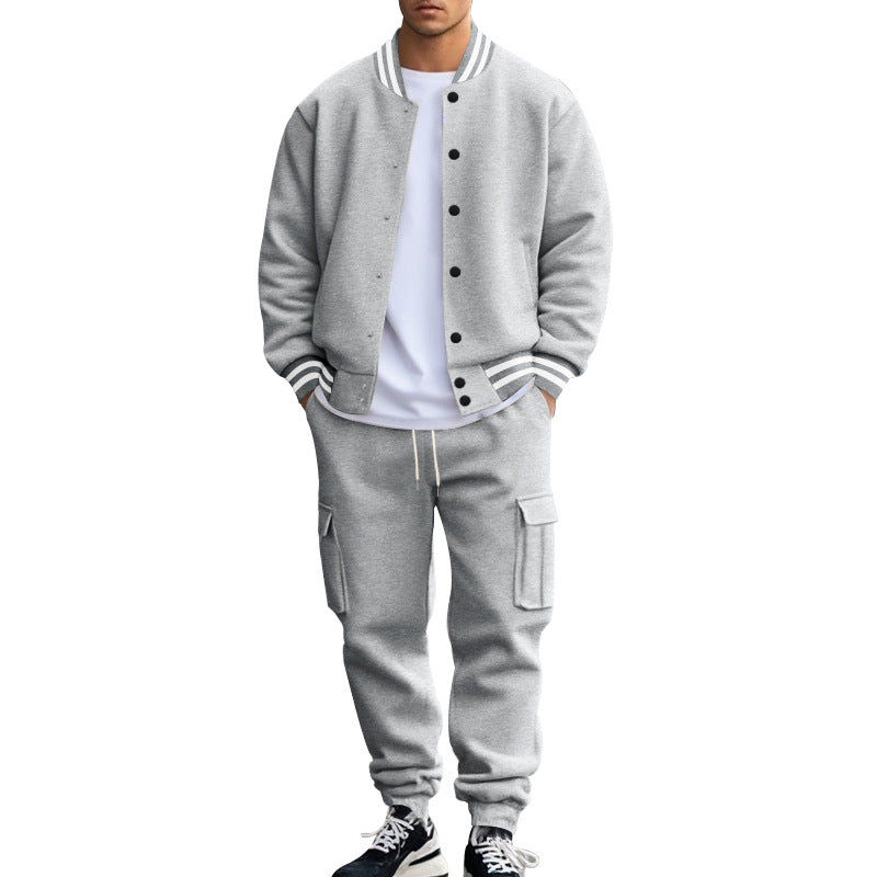Cross-border foreign trade, autumn and winter, American stand-up collar, baseball uniform, trousers, plush casual jacket, men's loose sportssuits, men