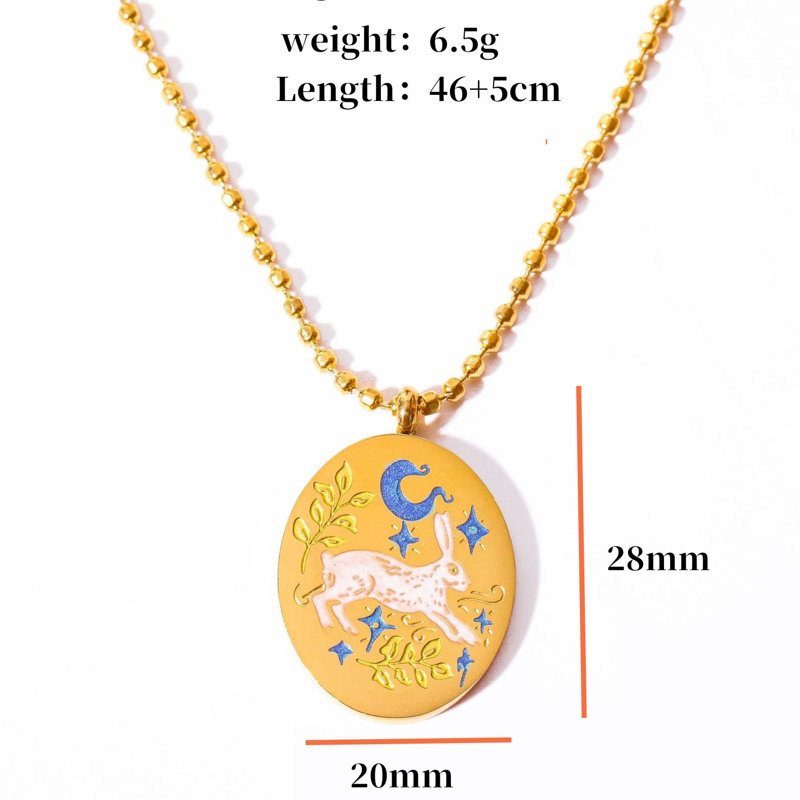 18K gold color-preserving hand-painted oil-dripping rabbit element oval tarot necklace