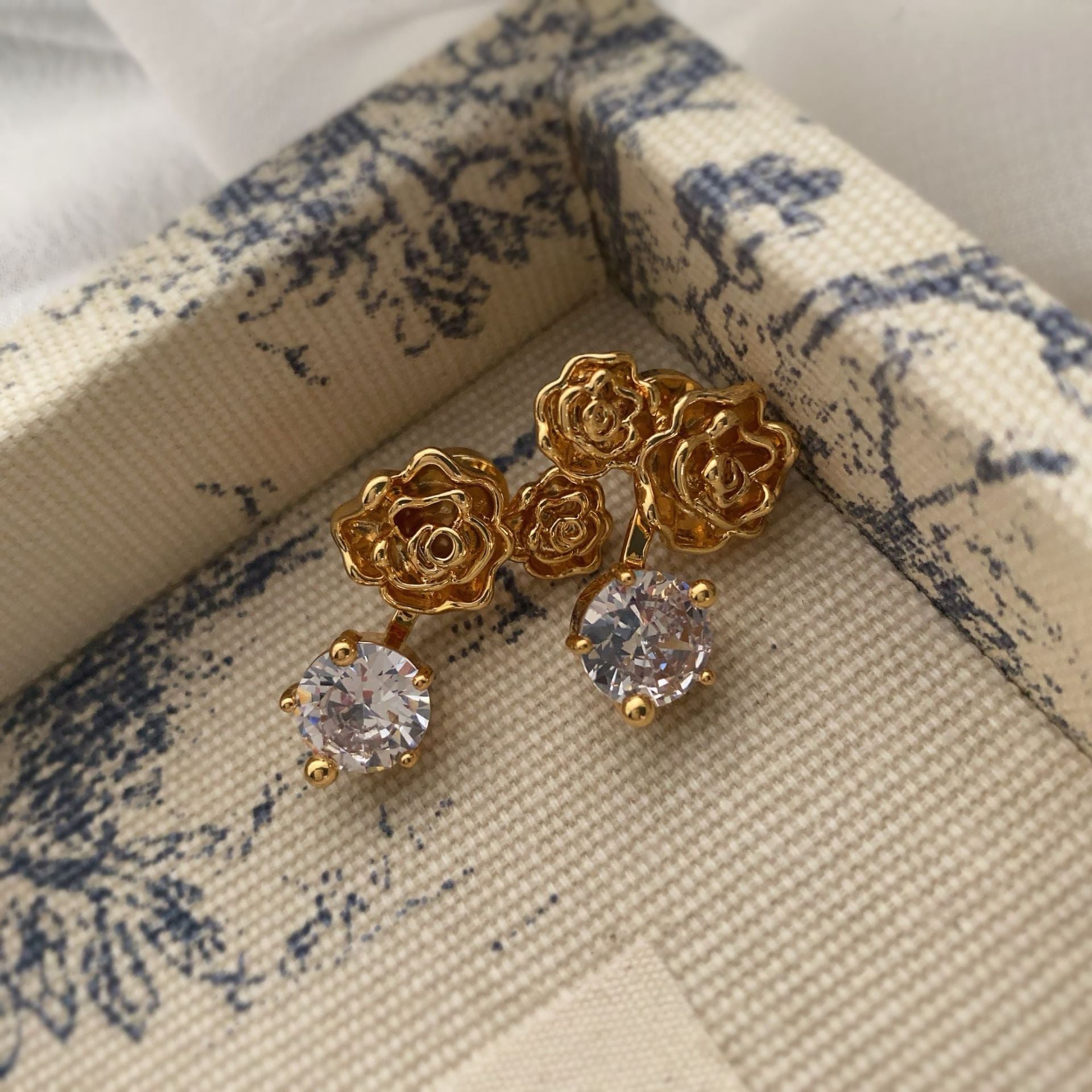 2024 new autumn and winter two wear rose flower earrings niche super flash white zircon temperament versatile earrings