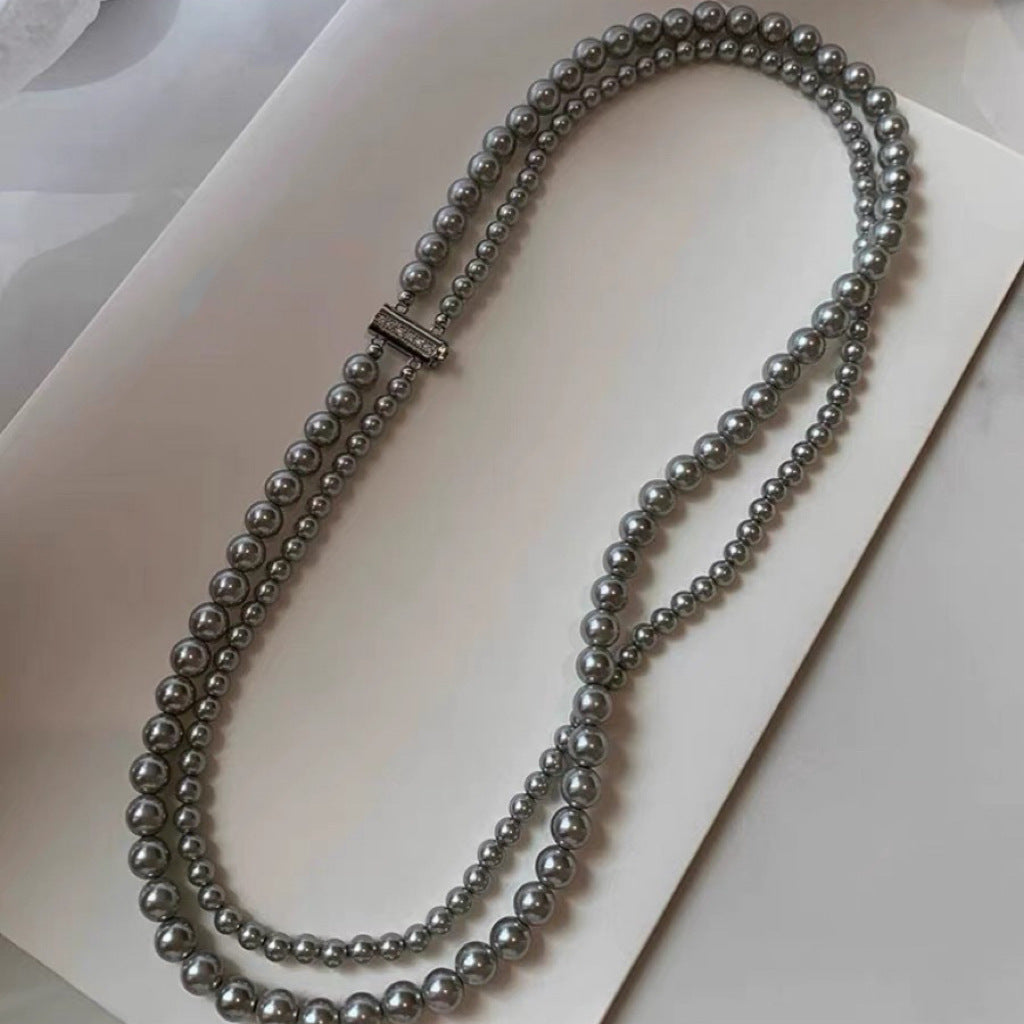 Shijia Zhenduo hemp silver gray double-layer pearl long sweater necklace women's light luxury niche high-end stacked collarbone neck chain