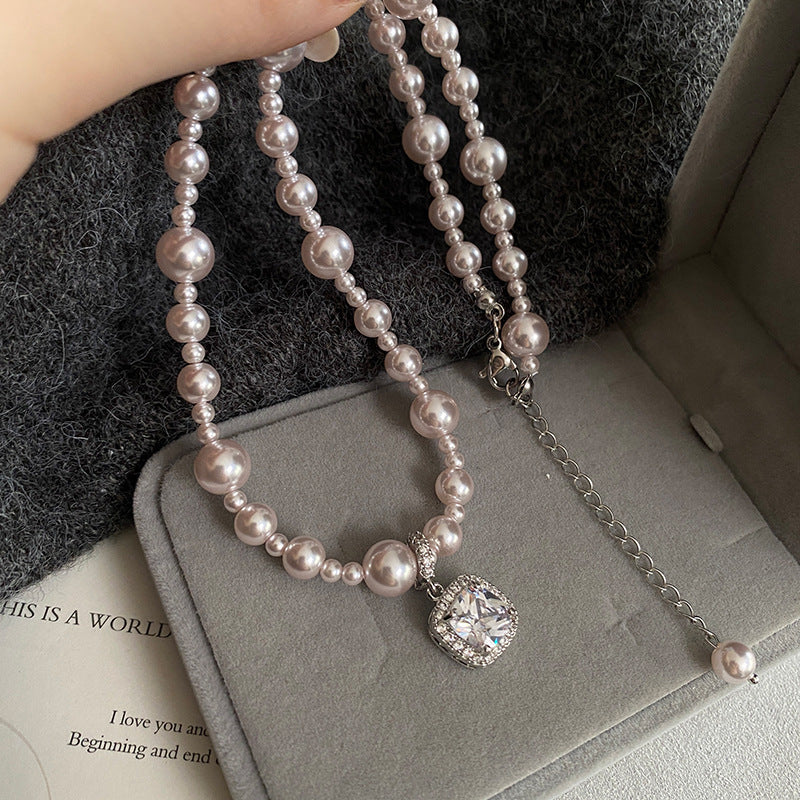 Manta Rose Square Diamond Shijia Pearl Necklace Light Luxury Niche High-end Neck Chain Sweater Chain Temperament Collarbone Chain Women（Gift box included)