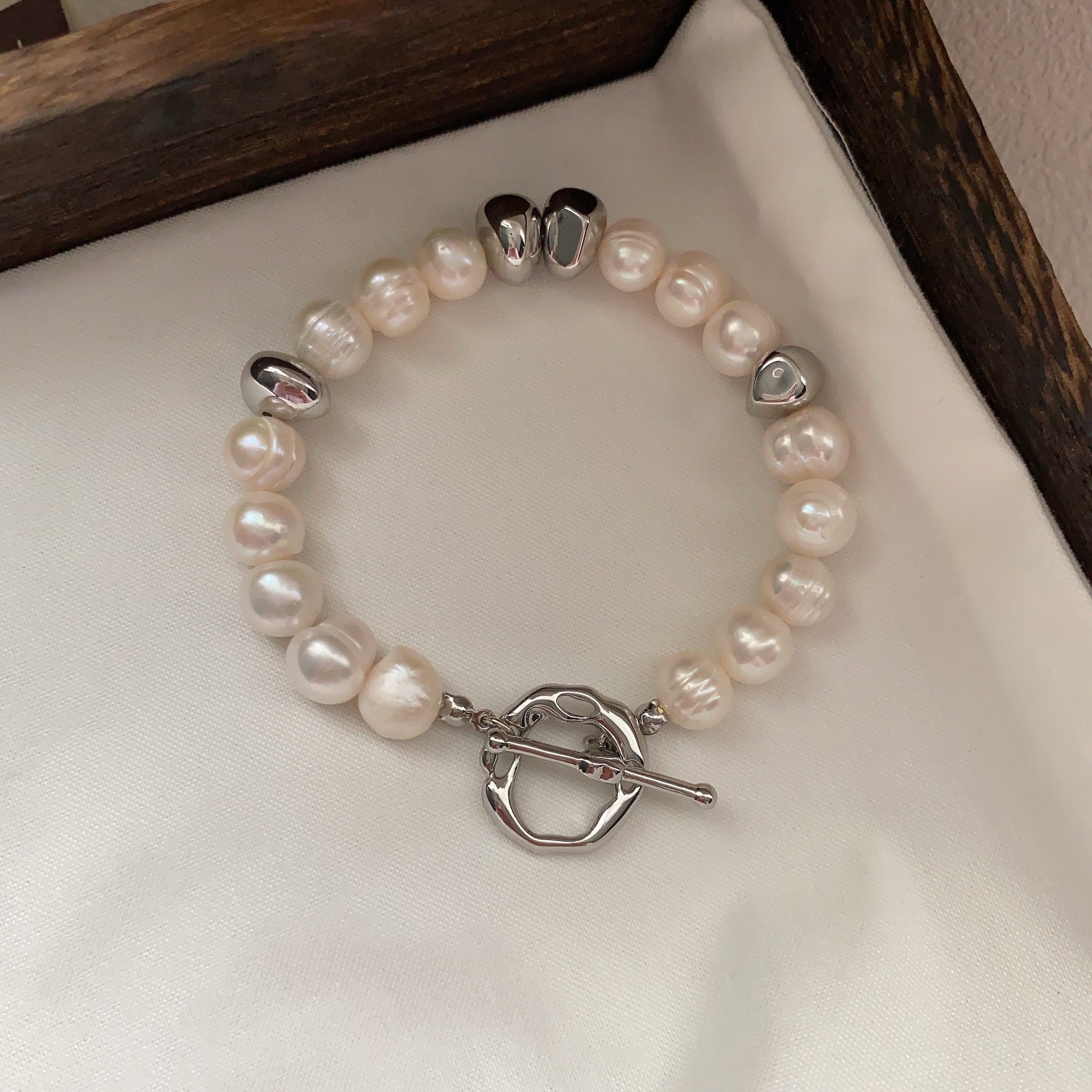 Natural freshwater baroque small pearl bracelet irregular special-shaped s925 silver OT buckle French retro niche jewelry