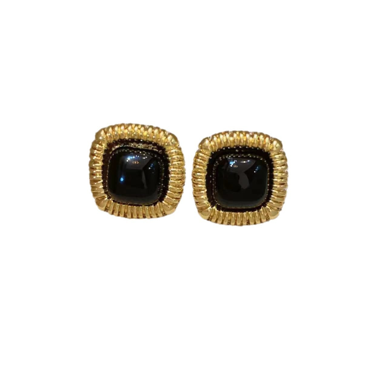 French medieval black square haute couture stud earrings niche design retro spring gold silk edge simple fashion earrings