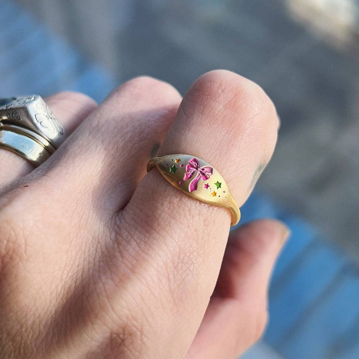 High color retention hand-painted gradual change bow pink ring sweet and cute fresh vacuum 18K gold