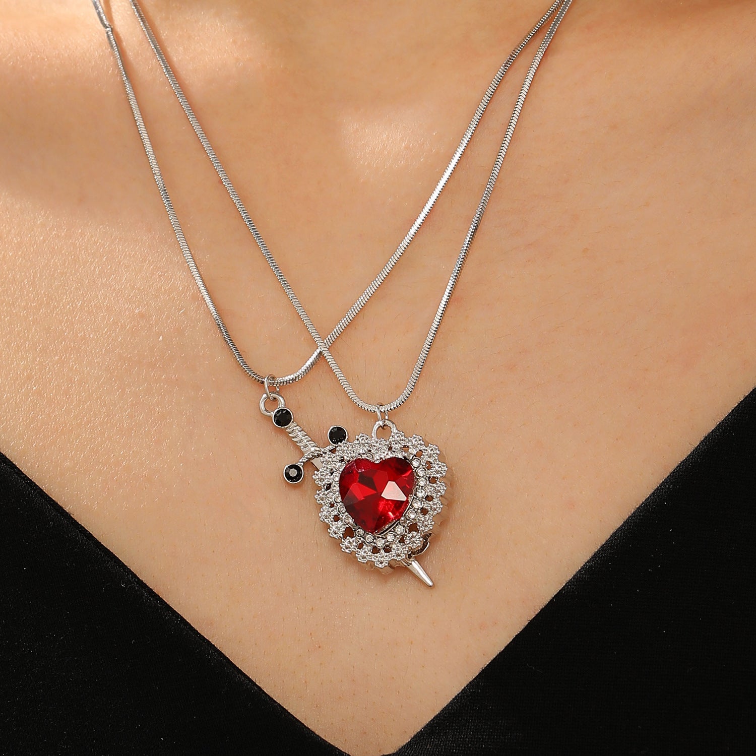 Explosive Red Crystal Ring Dagger Pendant Layered Skeleton Gemstone Necklace One Arrow Through the heart of the hot sale