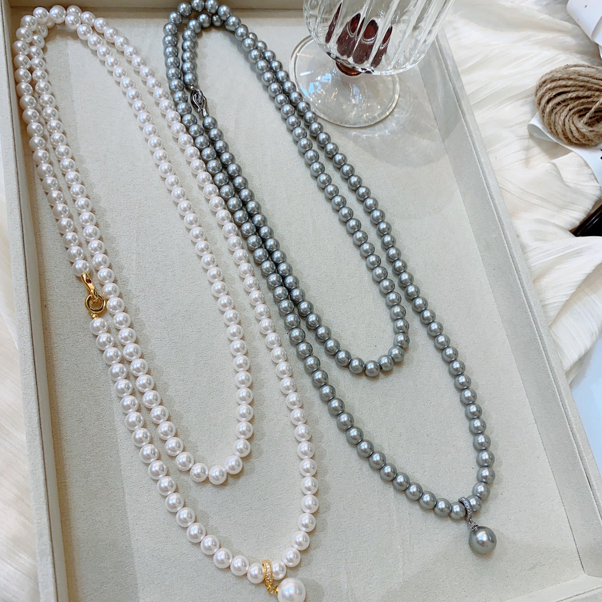 Pearl double stacked long neck chain niche design ins silver necklace beads premium exquisite chain sweater chain