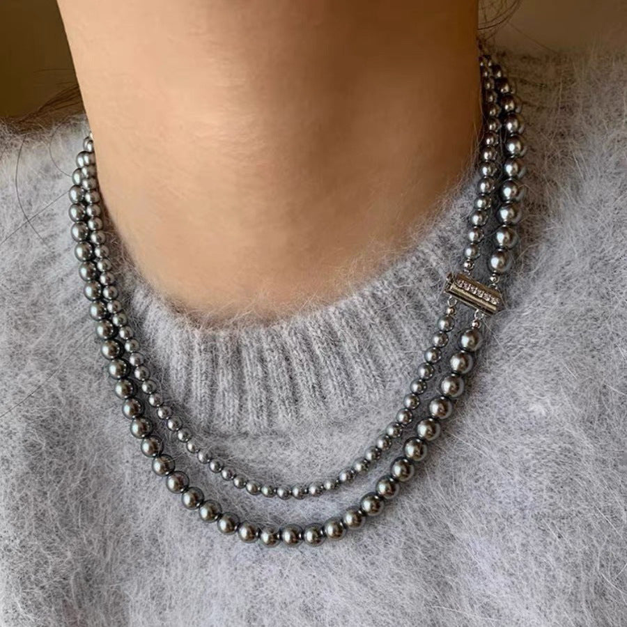 Shijia Zhenduo hemp silver gray double-layer pearl long sweater necklace women's light luxury niche high-end stacked collarbone neck chain