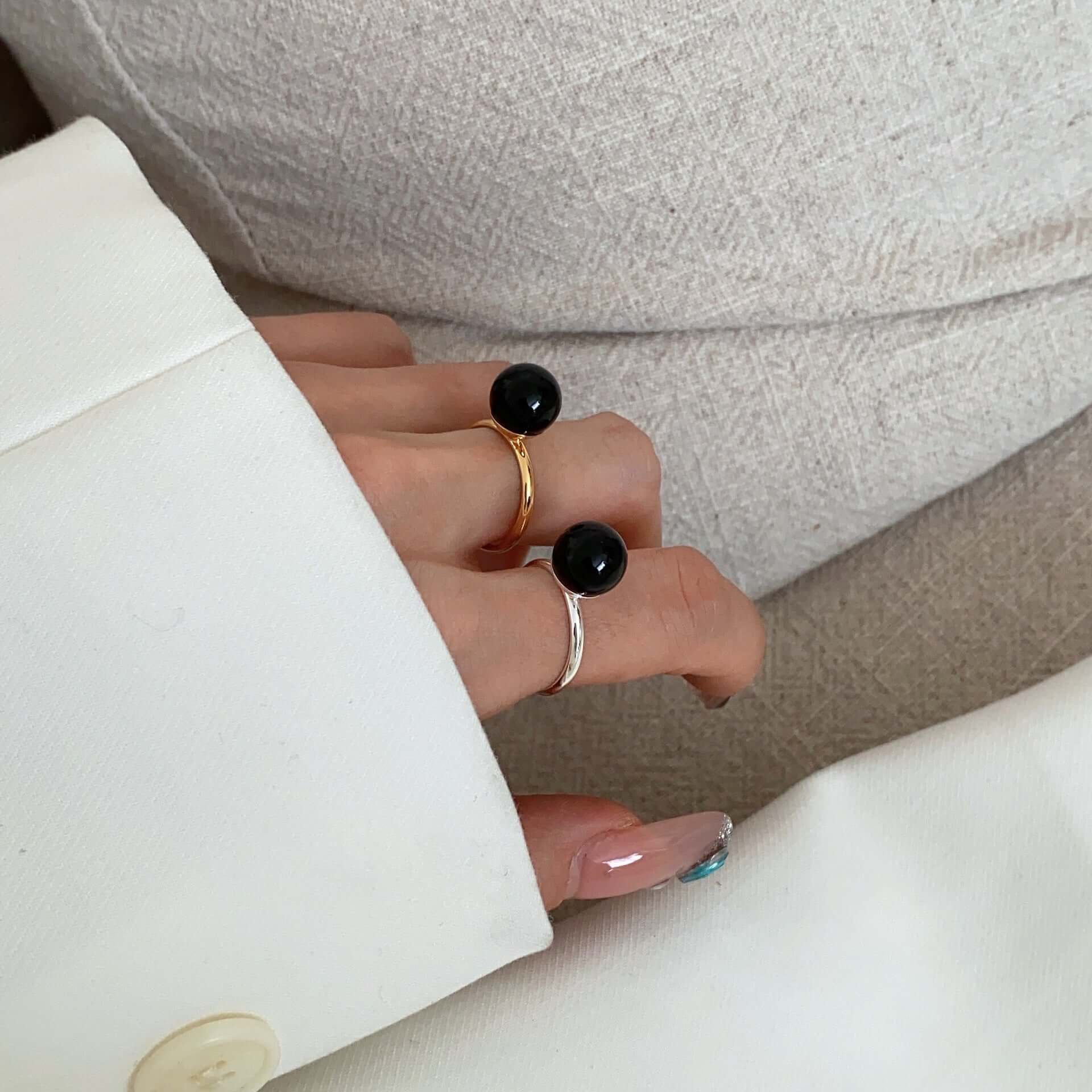 Natural stone beads metal opening ring women's retro niche personality simple and versatile temperament fashion ring ring