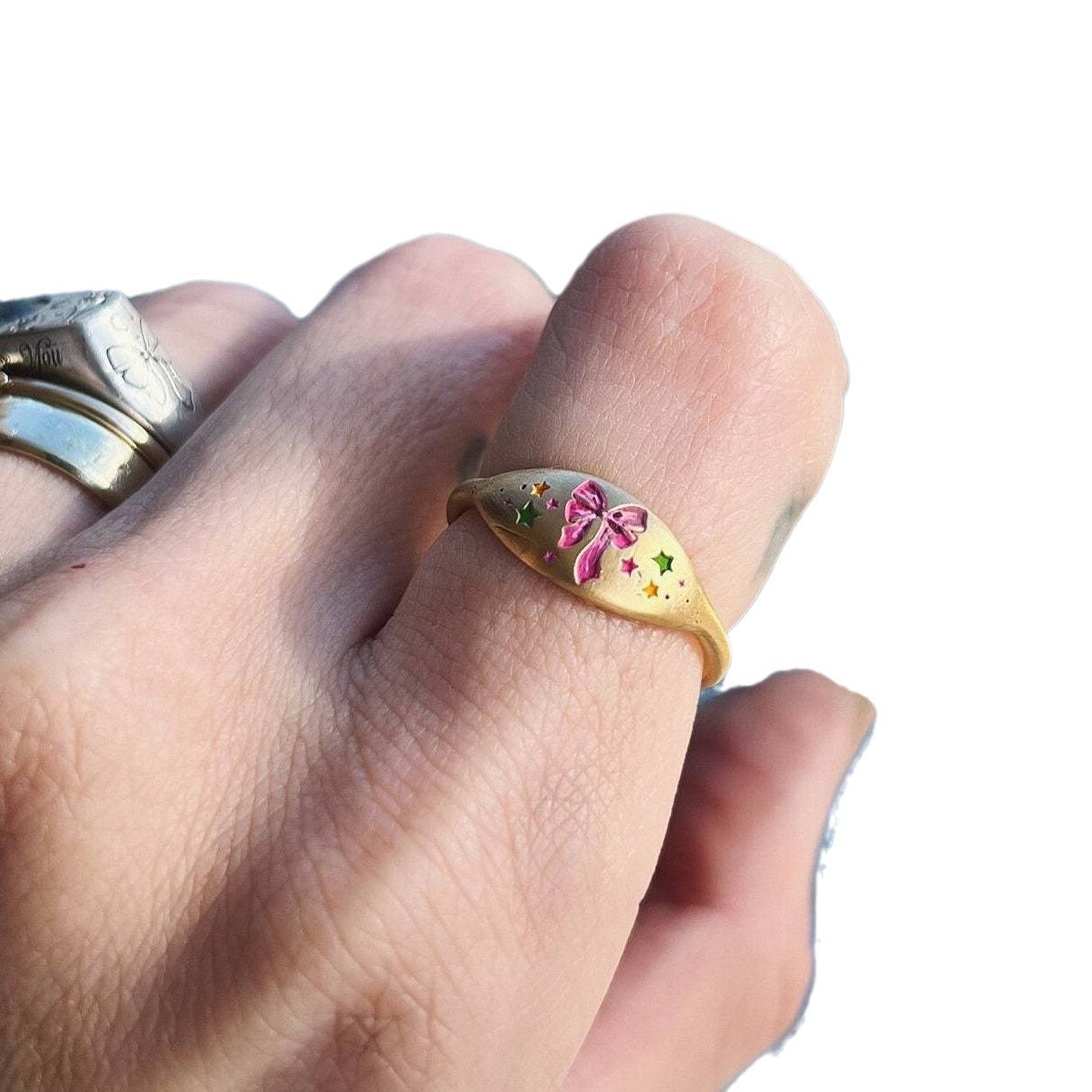 High color retention hand-painted gradual change bow pink ring sweet and cute fresh vacuum 18K gold