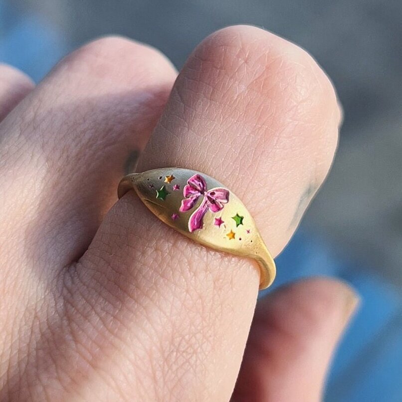 High color retention hand-painted gradual change bow pink ring sweet and cute fresh vacuum 18K gold