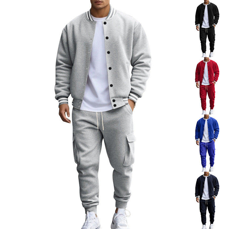 Cross-border foreign trade, autumn and winter, American stand-up collar, baseball uniform, trousers, plush casual jacket, men's loose sportssuits, men