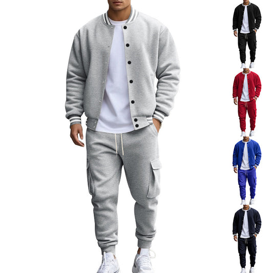Cross-border foreign trade, autumn and winter, American stand-up collar, baseball uniform, trousers, plush casual jacket, men's loose sportssuits, men