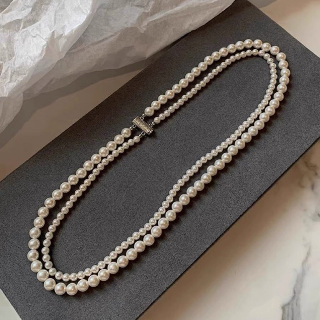 Shijia Zhenduo hemp silver gray double-layer pearl long sweater necklace women's light luxury niche high-end stacked collarbone neck chain