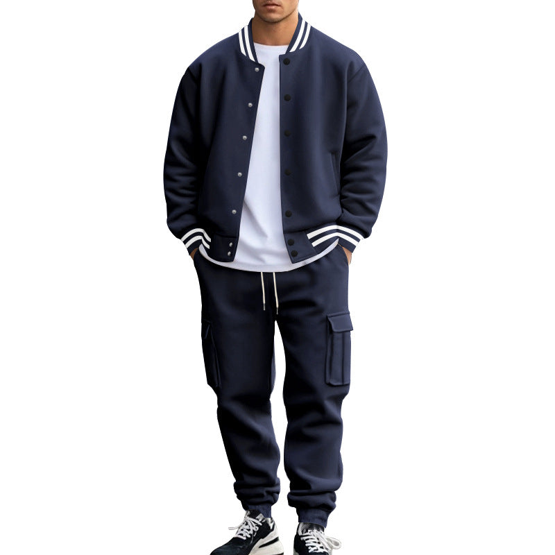 Cross-border foreign trade, autumn and winter, American stand-up collar, baseball uniform, trousers, plush casual jacket, men's loose sportssuits, men