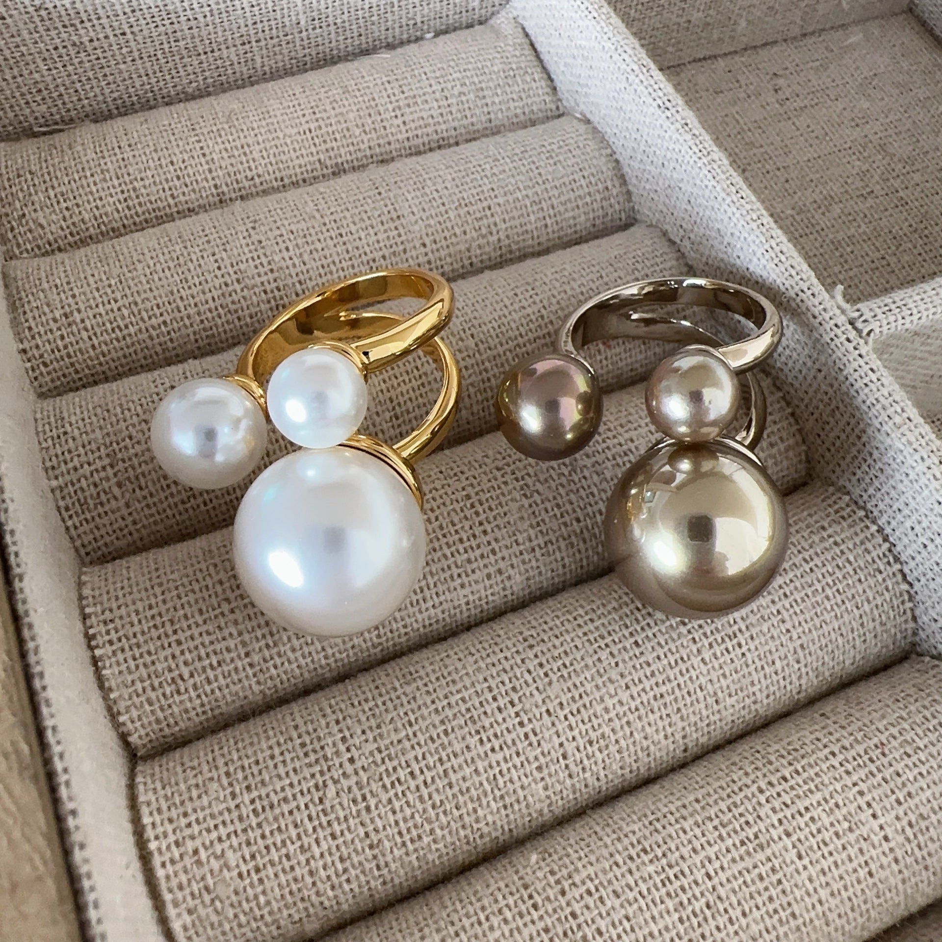 European and American fashion ring, three imitation pearl metal base rings, French creative ring trend joint ring