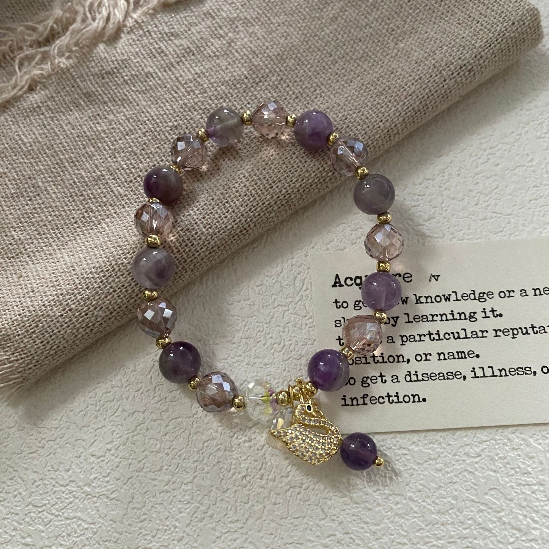 Light purple crystal beaded niche design high-end bracelet zircon little swan pendant bracelet New Chinese jewelry