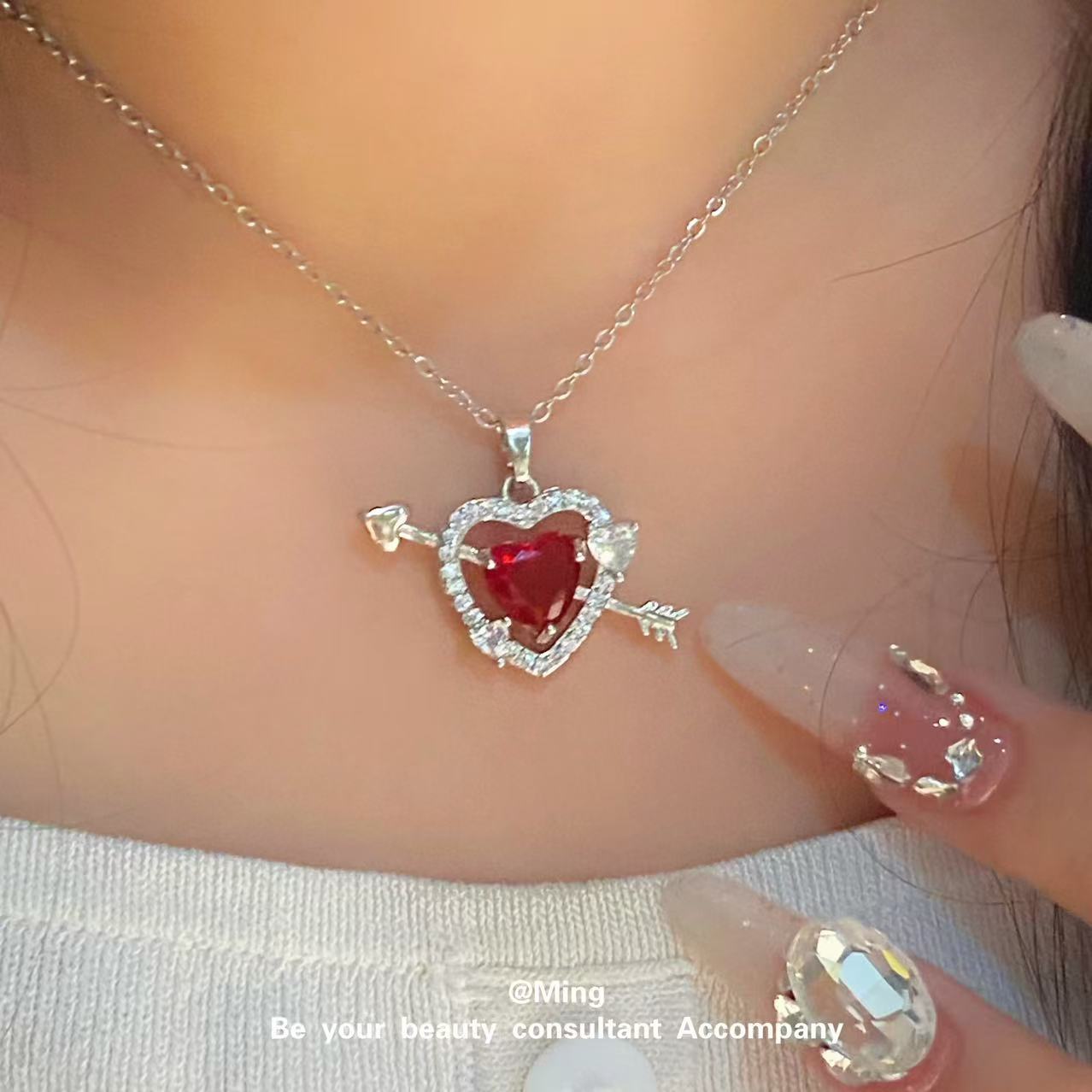 Explosive Red Crystal Ring Dagger Pendant Layered Skeleton Gemstone Necklace One Arrow Through the heart of the hot sale