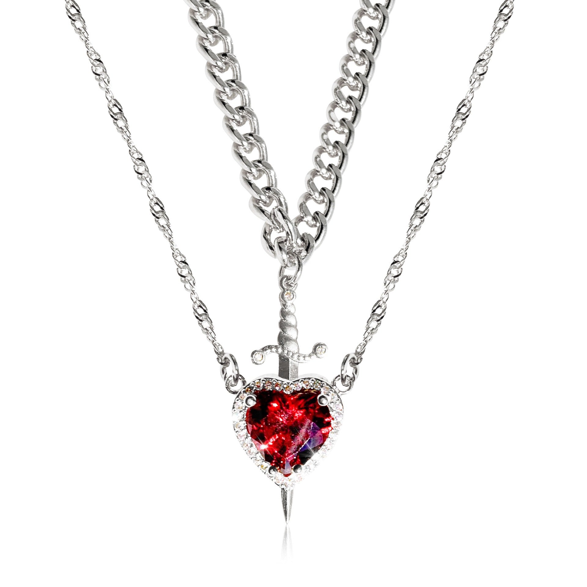 Explosive Red Crystal Ring Dagger Pendant Layered Skeleton Gemstone Necklace One Arrow Through the heart of the hot sale