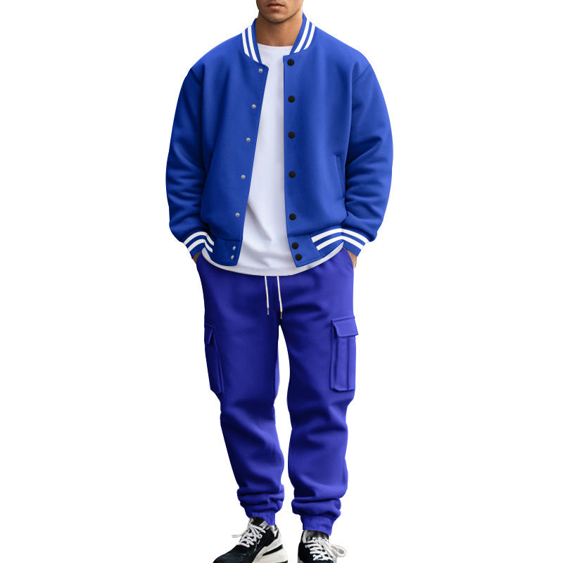 Cross-border foreign trade, autumn and winter, American stand-up collar, baseball uniform, trousers, plush casual jacket, men's loose sportssuits, men