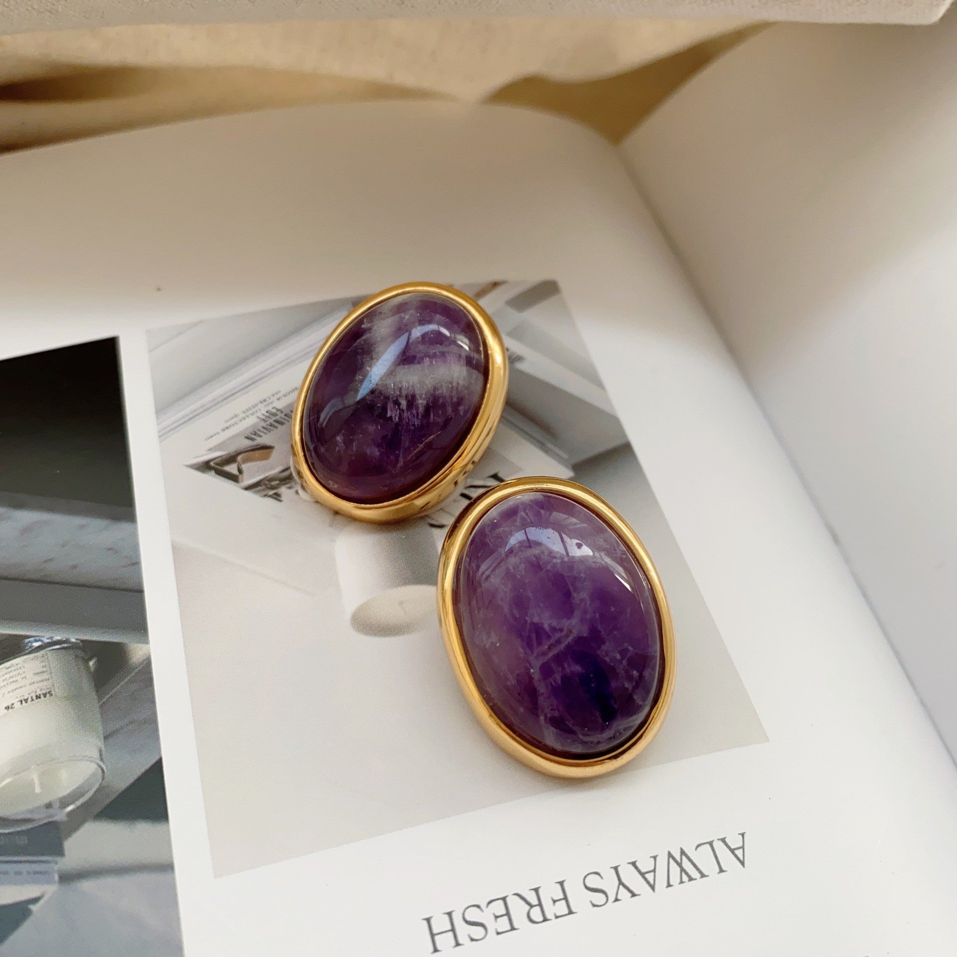 Medieval retro amethyst stone earrings women's light luxury temperament high-end earrings niche design ear holes