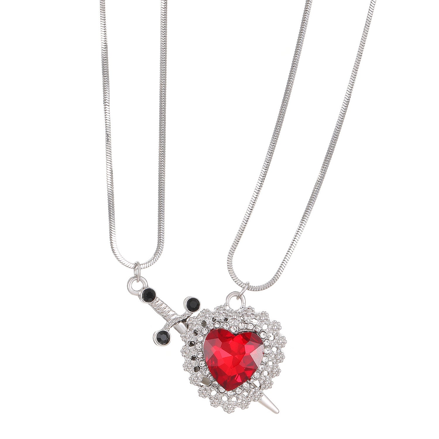 Explosive Red Crystal Ring Dagger Pendant Layered Skeleton Gemstone Necklace One Arrow Through the heart of the hot sale