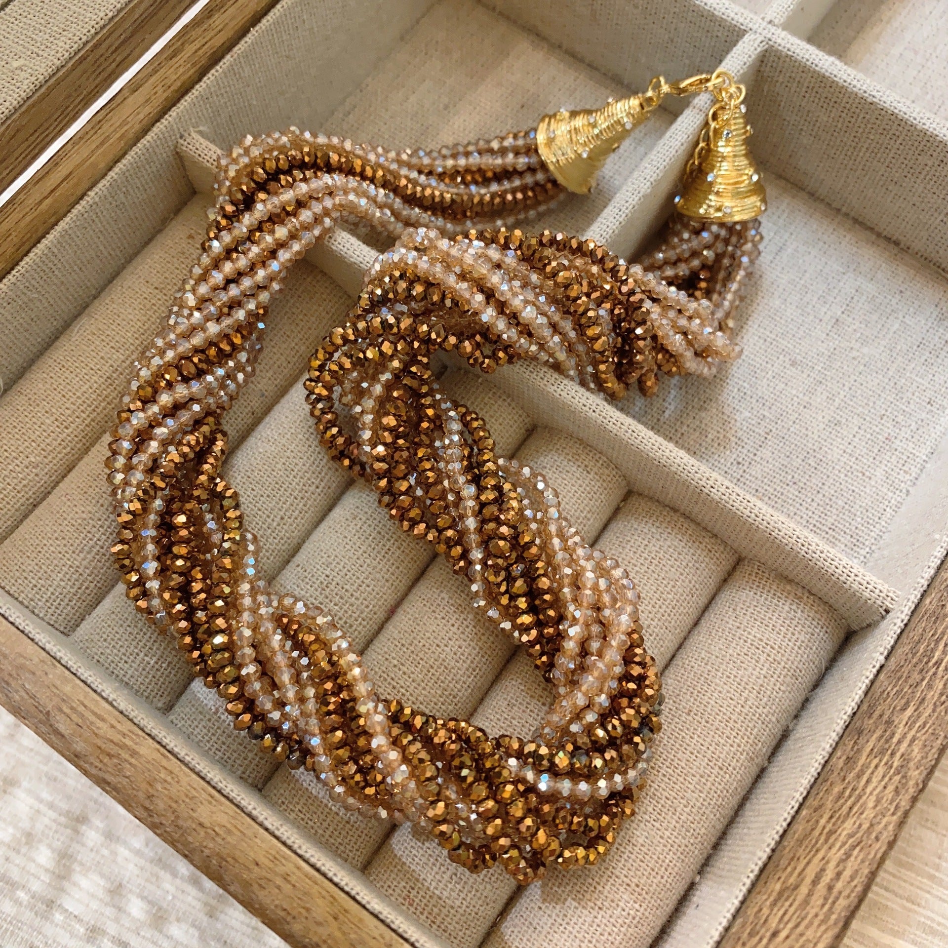 Vintage medieval Italian grandma caramel brown crystal glazed multi-layer necklace earrings women