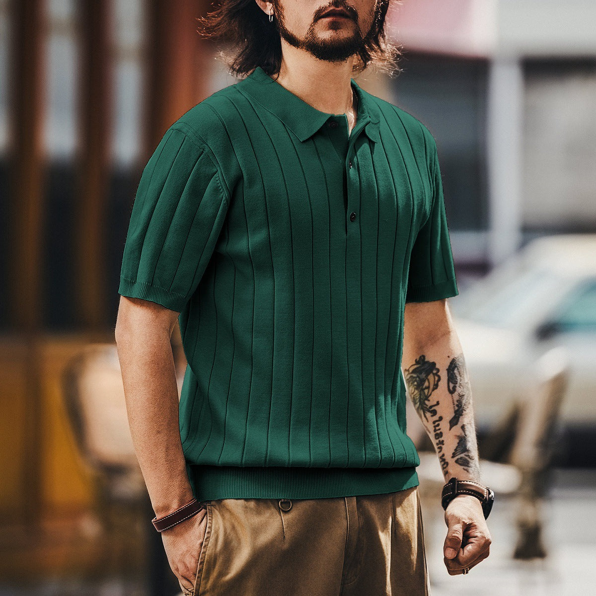 Pallaband™️ High-end trendy brand button-down vertical-striped short-sleeved polo shirt