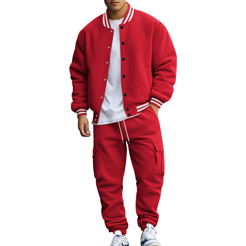 Cross-border foreign trade, autumn and winter, American stand-up collar, baseball uniform, trousers, plush casual jacket, men's loose sportssuits, men