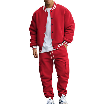 Cross-border foreign trade, autumn and winter, American stand-up collar, baseball uniform, trousers, plush casual jacket, men's loose sportssuits, men