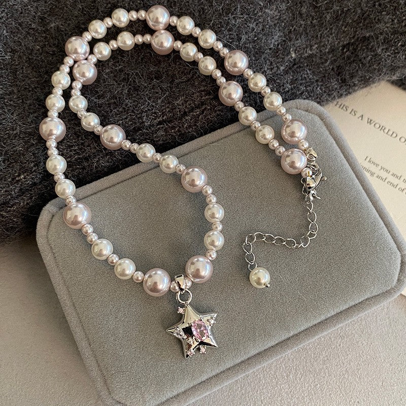 Manta Rose Square Diamond Shijia Pearl Necklace Light Luxury Niche High-end Neck Chain Sweater Chain Temperament Collarbone Chain Women（Gift box included)