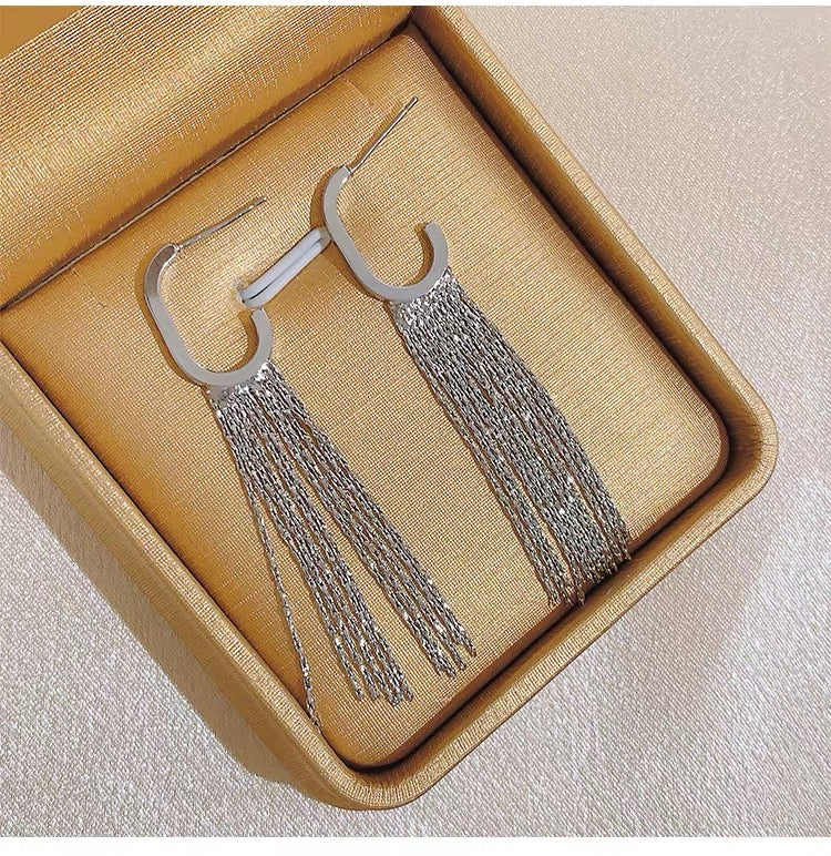 Temperament G word tassel earrings female light luxury high sense long studs Fashion temperament niche design earrings