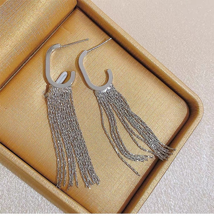 Temperament G word tassel earrings female light luxury high sense long studs Fashion temperament niche design earrings